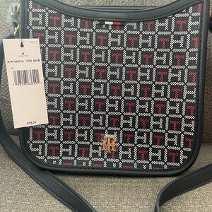 Tommy Hilfiger Stylish Black and Red Patterned Crossbody Bag